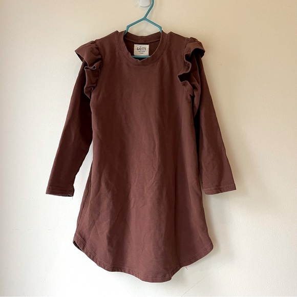 Sem Organic Cotton Ruffle Shoulder Dress 8Y Made in Canada Brown Long Sleeve - Picture 1 of 8